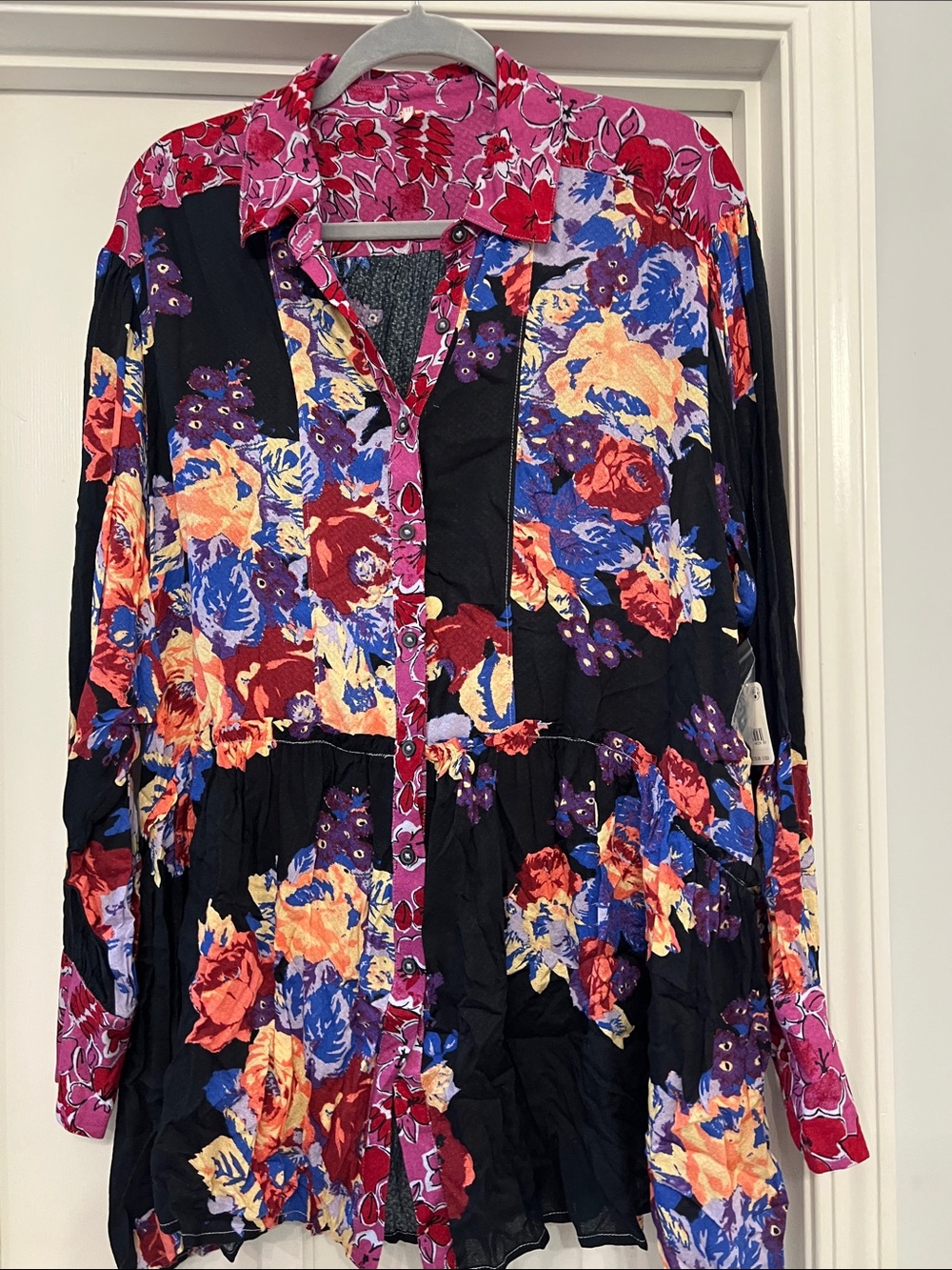 Free People Black Floral Button-Front Peplum Blouse